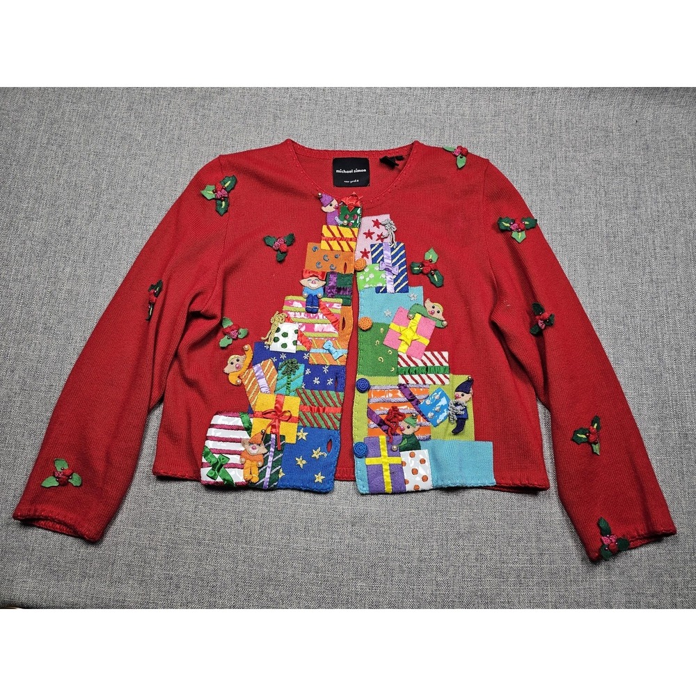 VINTAGE Michael Simon Sweater Womens XL Red Christmas Gifts Ugly Cardigan 2000s